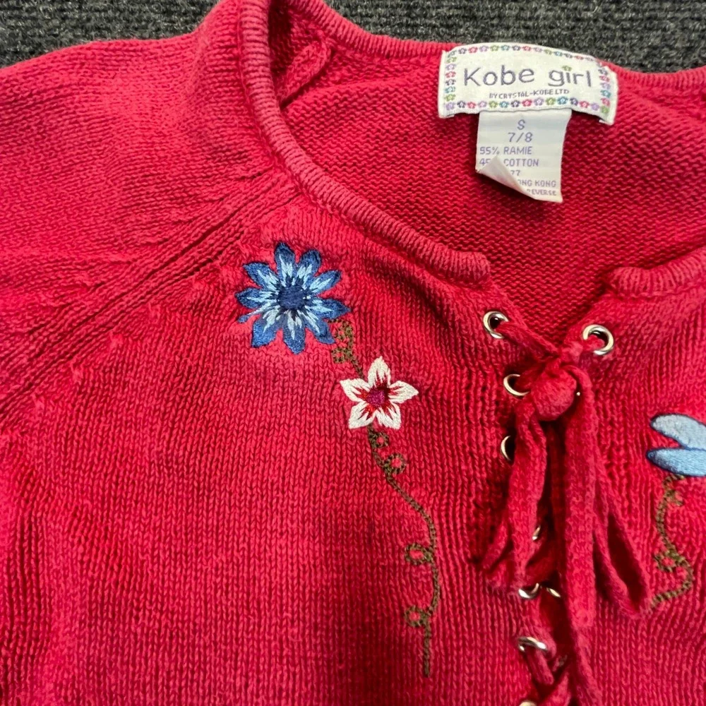 Kobe Girl Knit Sweater Kids Size 7/8 Pink Y2K Embroidered Lace Up Boho Top